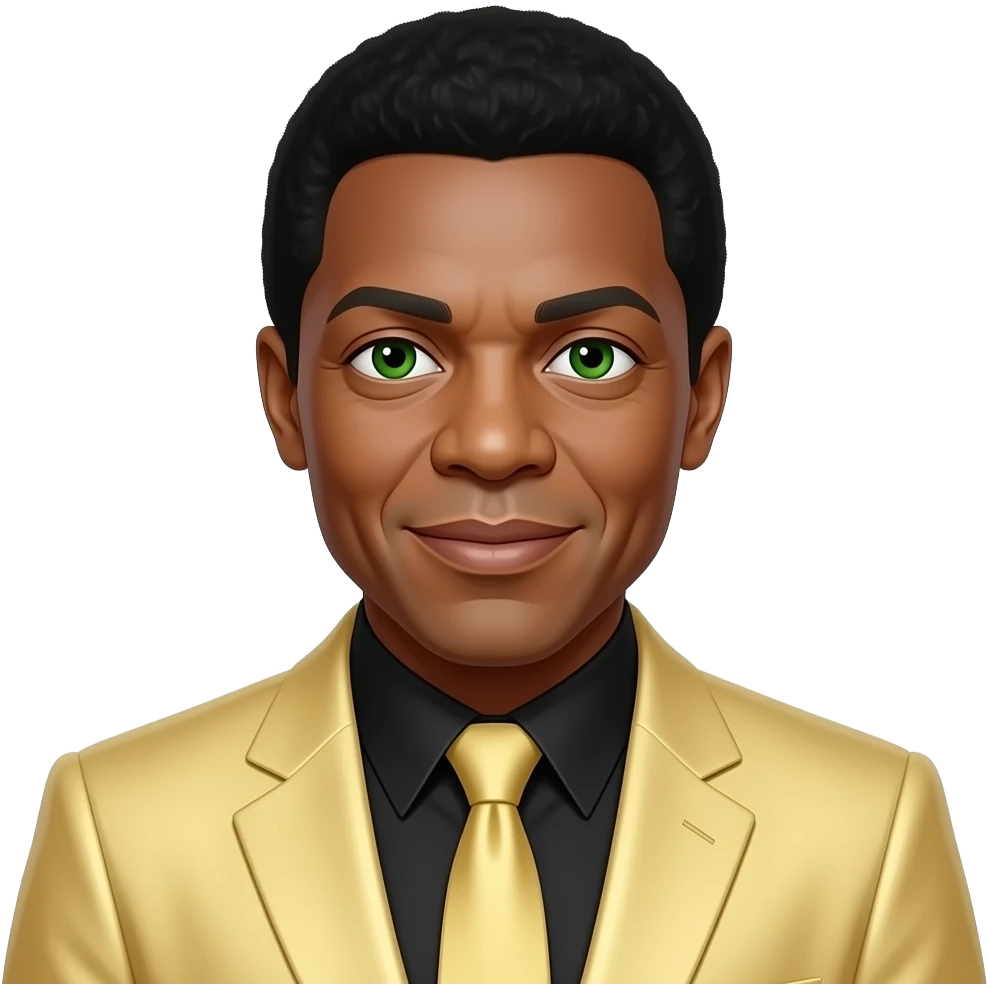 Smokey Robinson with green eyes, black hair, light yellow metallic suit jacket emoji