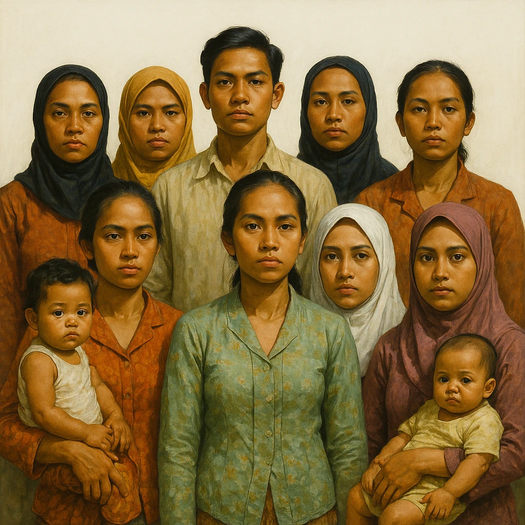 Сгенерируй мне группу людей которая стоит и смотрим прямо, только все они будут индонезийцы из 20 века, в стиле реалистичной живописи, ярко. На однородном белом фоне. У некоторых девушек на руках ребенок, и некоторые девушке в платке мусульманском . КОЖА ОБЯЗАТЕЛЬНО СМУГЛАЯ а волосы у всех черные emoji