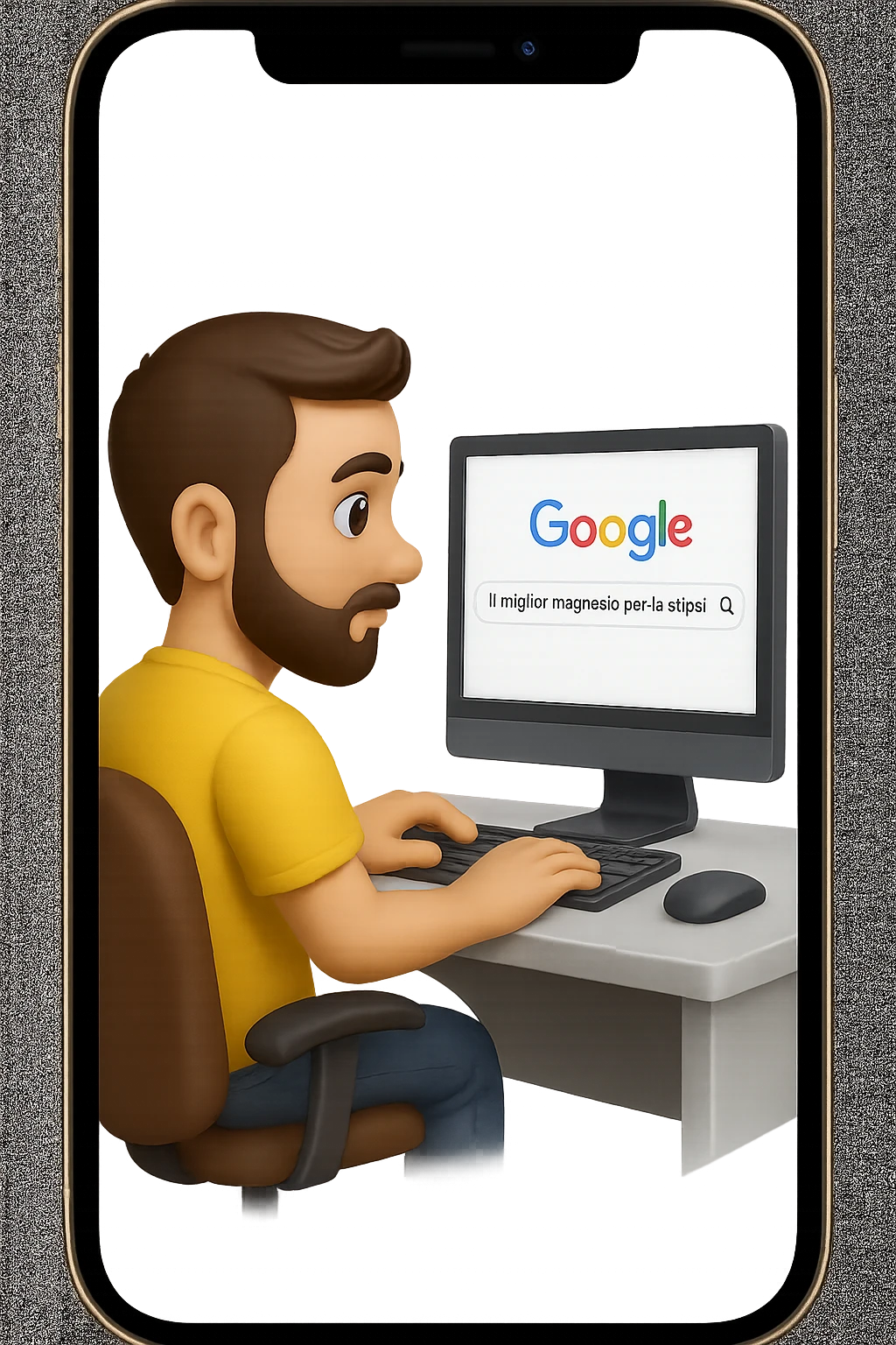 emoji stile iphone di un uomo davanti al pc che cerca di google: "Il miglior magnesio per la stipsi", iperrealistico 4k emoji