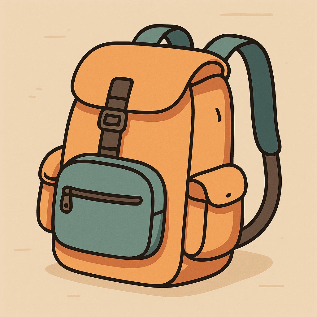 a compact hiking backpack with visible straps and pockets, lightweight look, flat toon style illustration emoji
