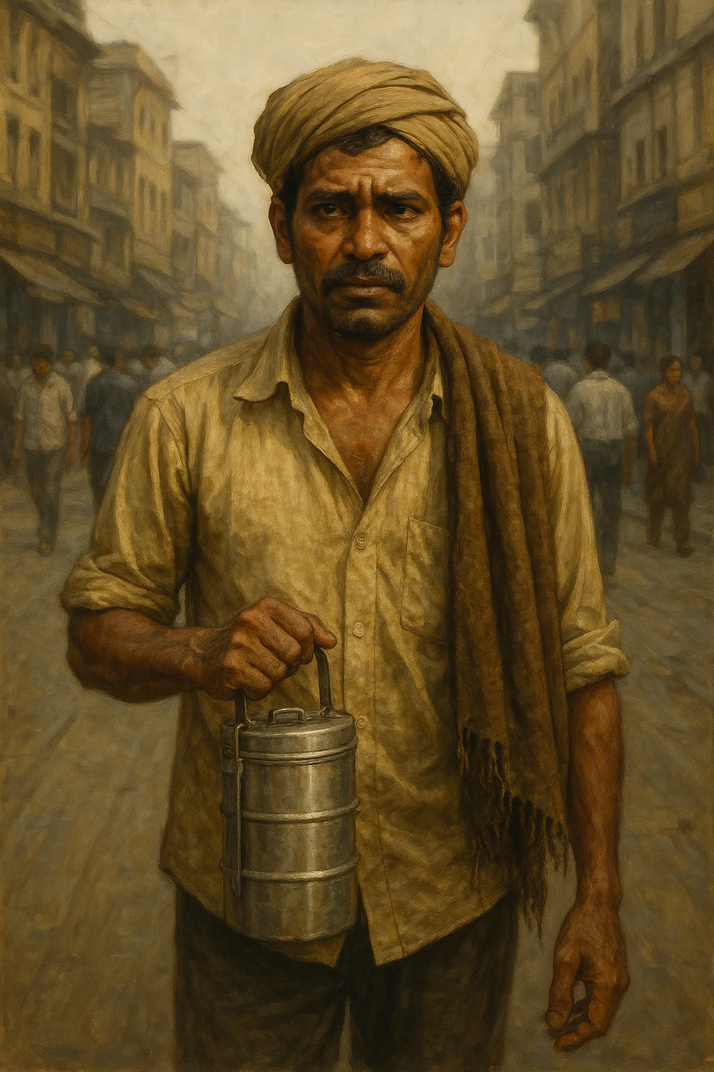 semi-realistic style portrait of an Indian man in humble attire, holding a lunchbox, heading to work, looking weary but determined, city street background emoji