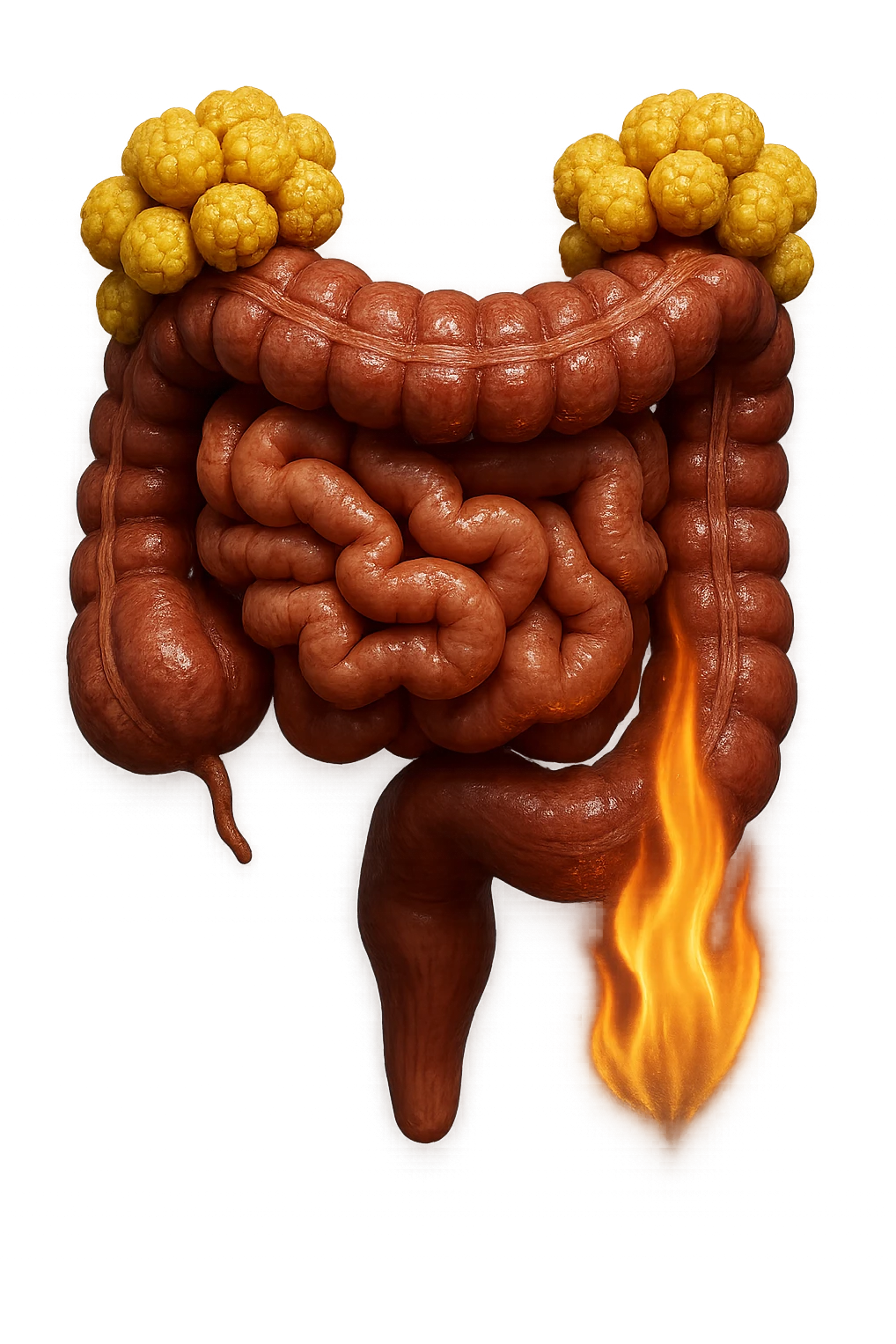 intestino umano con cellule gialle di grasso a grappoli attaccate sopra, con fiamma che brucia, iperrealistici 4k emoji