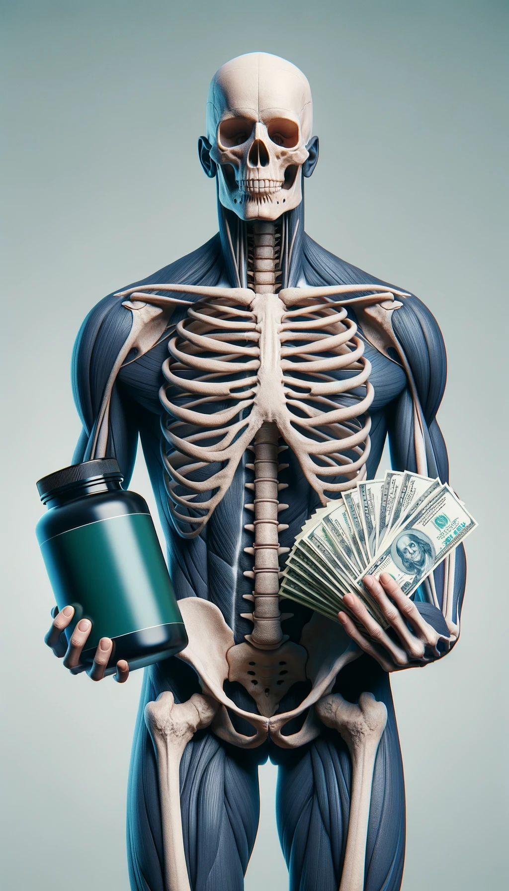 corpo umano anatomico che tiene nella mano destra una boccetta di integratore e nella mano sinistra delle banconote, sfondo neutro chiaro emoji
