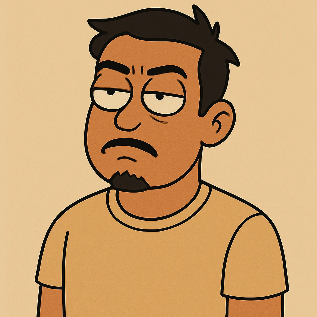 Make the tan skinned man with short black hair look more annoyed while rolling his eyes, and add a small goatee beard. Keep the style and background the same as the original image. emoji