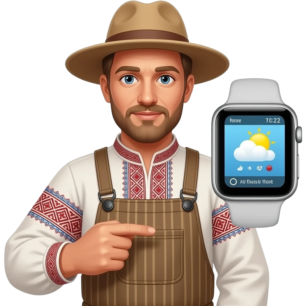 a russian farmer in national suit looking to apple watch for weather forecast emoji