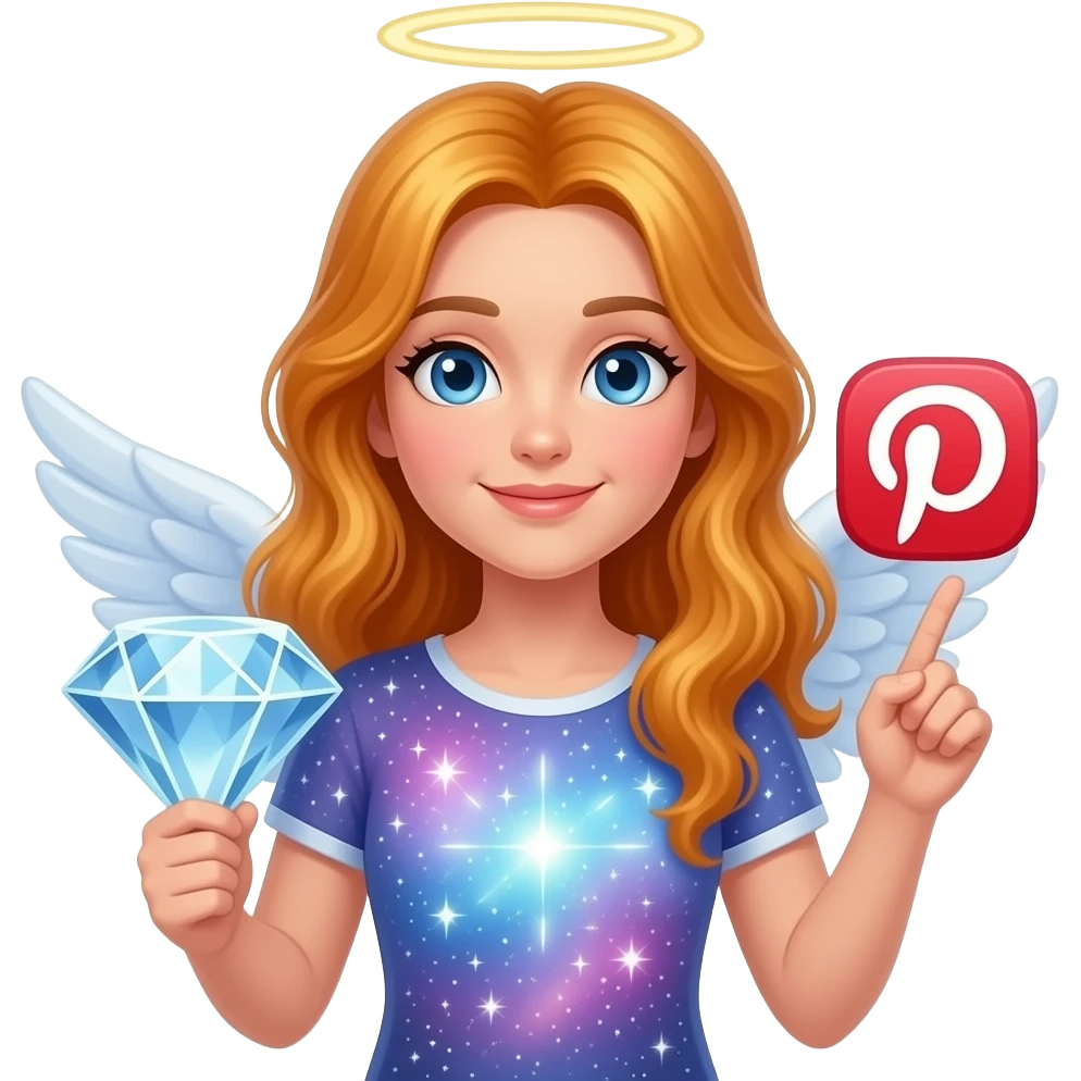 An ethereal blue eyes, glowing amber hair, angel, hand made of starlight holding a crystalline Pinterest logo on the right hand, surprised, pointing at icon. A diamond, shining text: 'PHOTOGRAPHY?' on the bellow left hand. Glowing nebula colors, isolated on white, bold 3D icon emoji