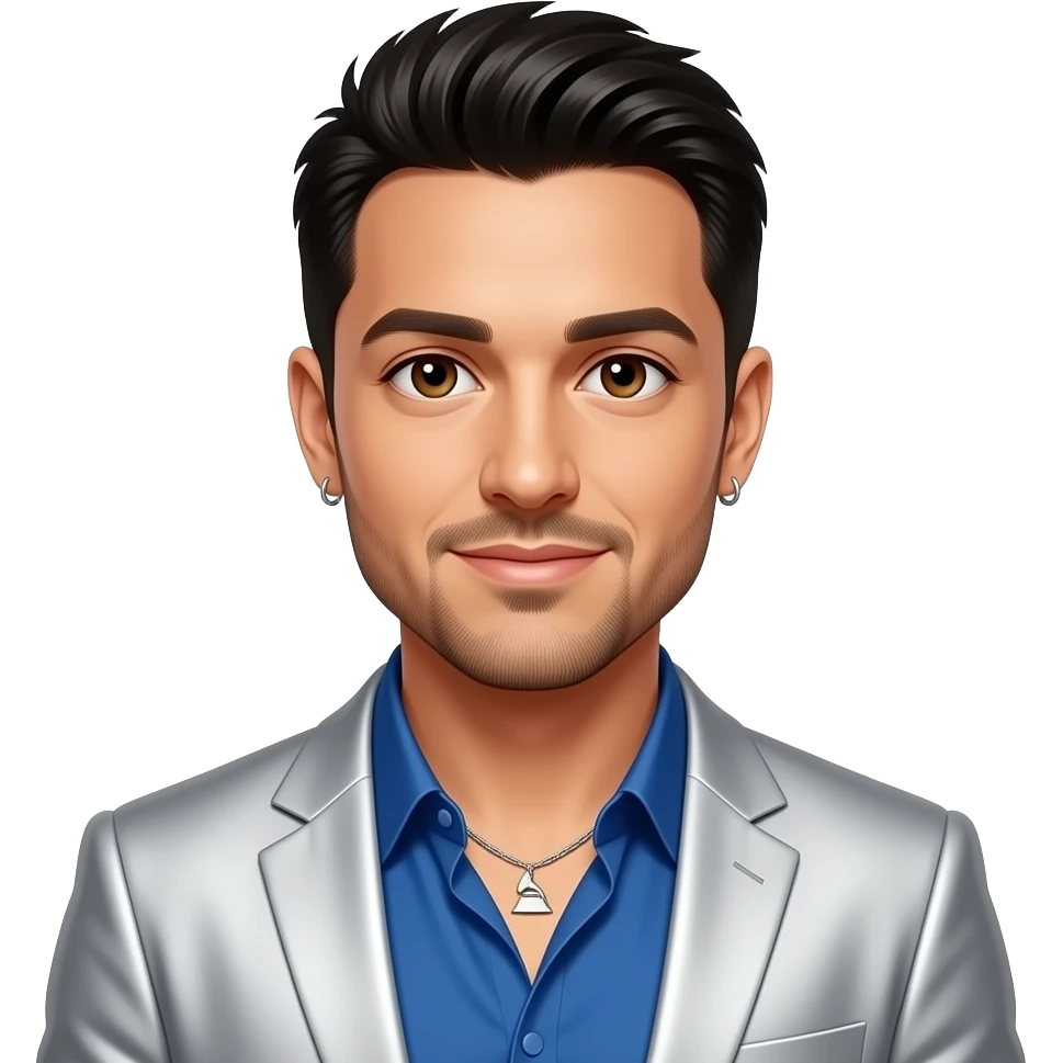 Joey Fatone from NSYNC with brown eyes, black 90s hair and short beard, grammy blue shirt and silver suit jacket, necklace and earrings emoji