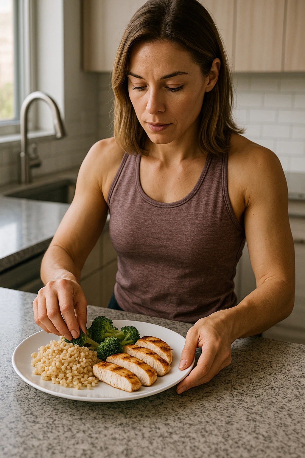 Donna che prepara un pasto equilibrato fit, con carboidrati, proteine e grassi dentro il piatto. Perfettamente equilibrato. Molto realistica emoji