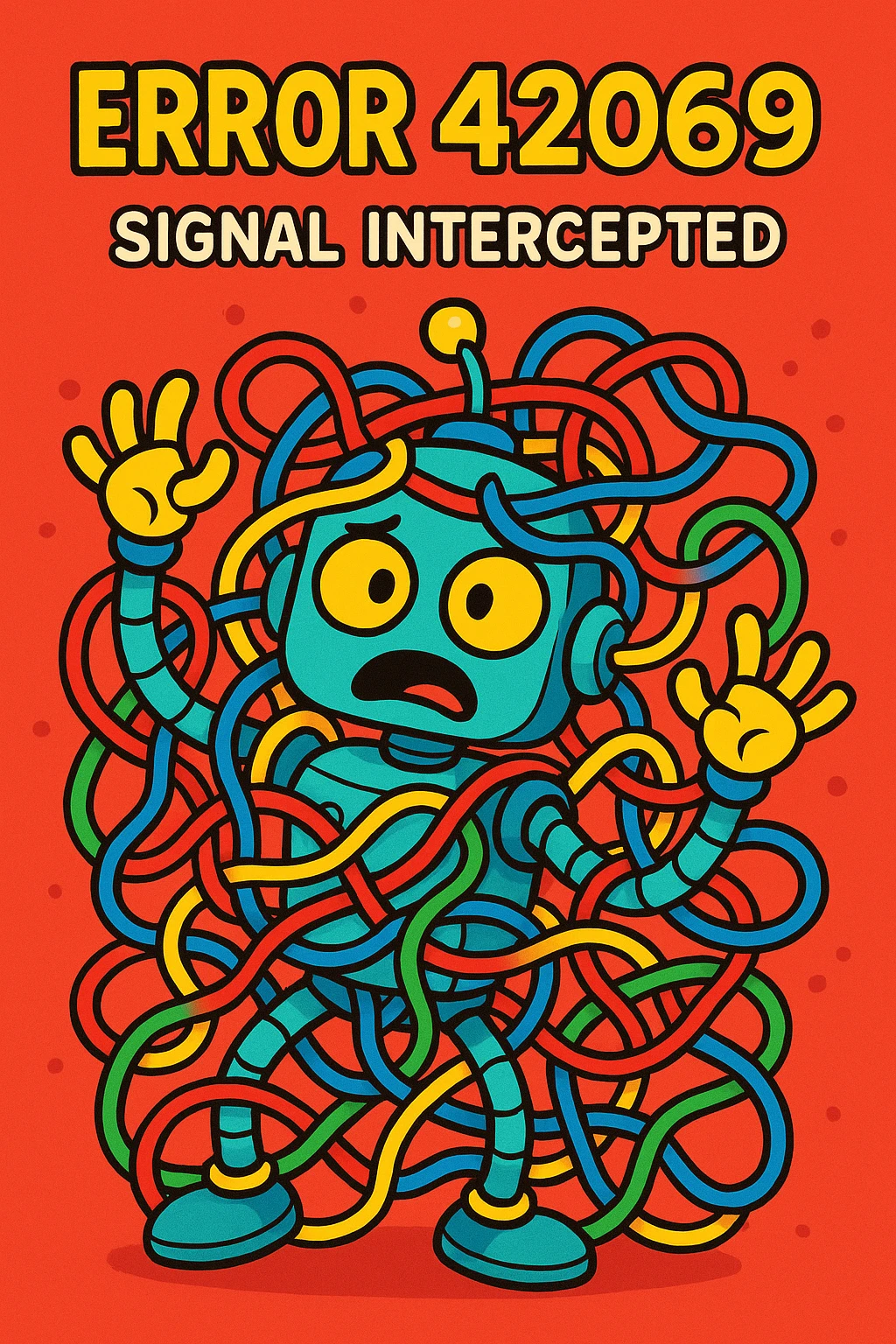 humorous error screen showing 'Error 42069' and 'Signal Intercepted', with a confused robot tangled in wires, bright and silly style emoji
