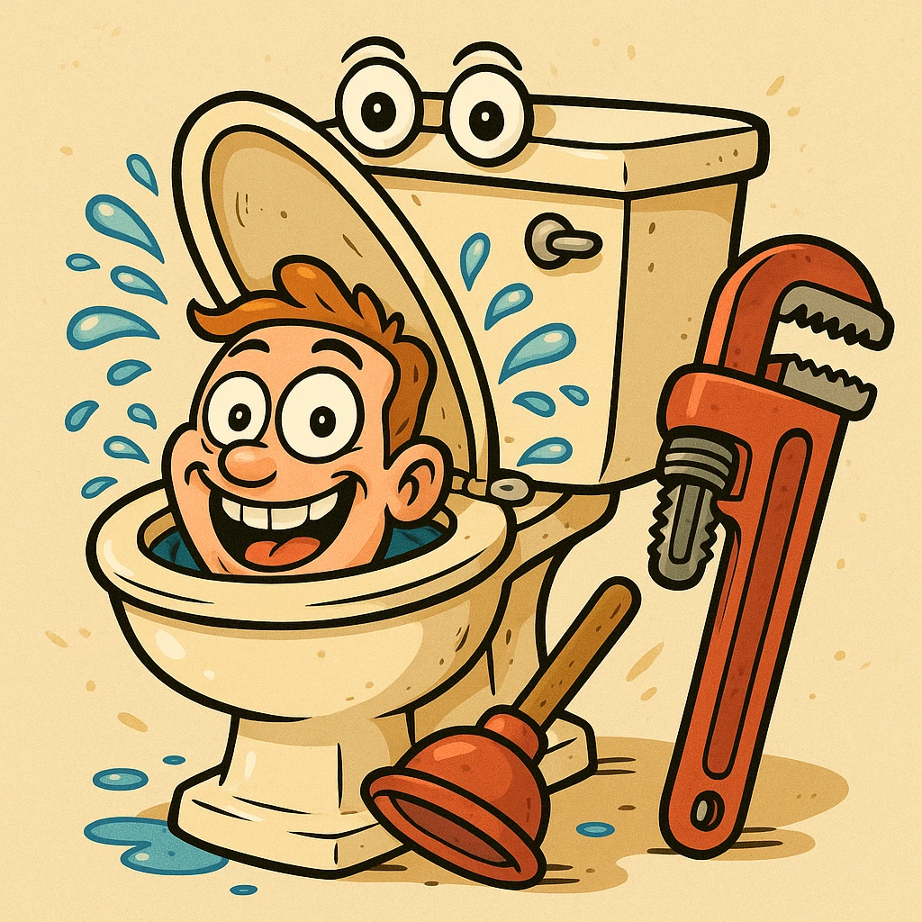 Toilet with open lid and human head inside, parody of Skibidi Toilet, exaggerated cartoon style, funny details emoji