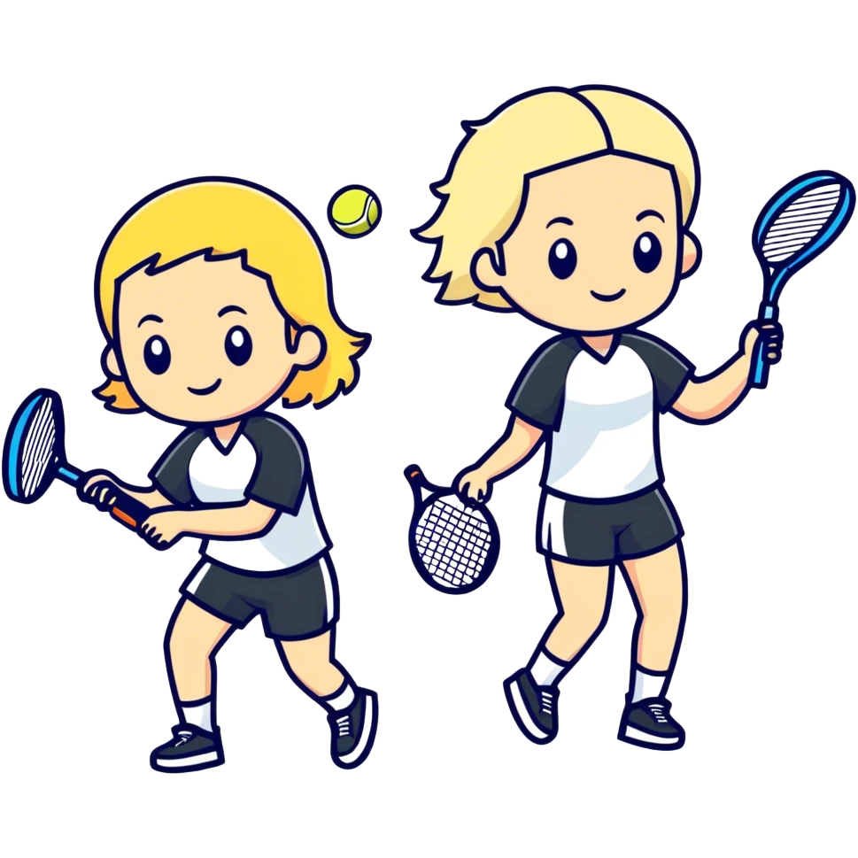 Two friends playing paddle tennis, one of them has blonde hair and the other has black hair. emoji