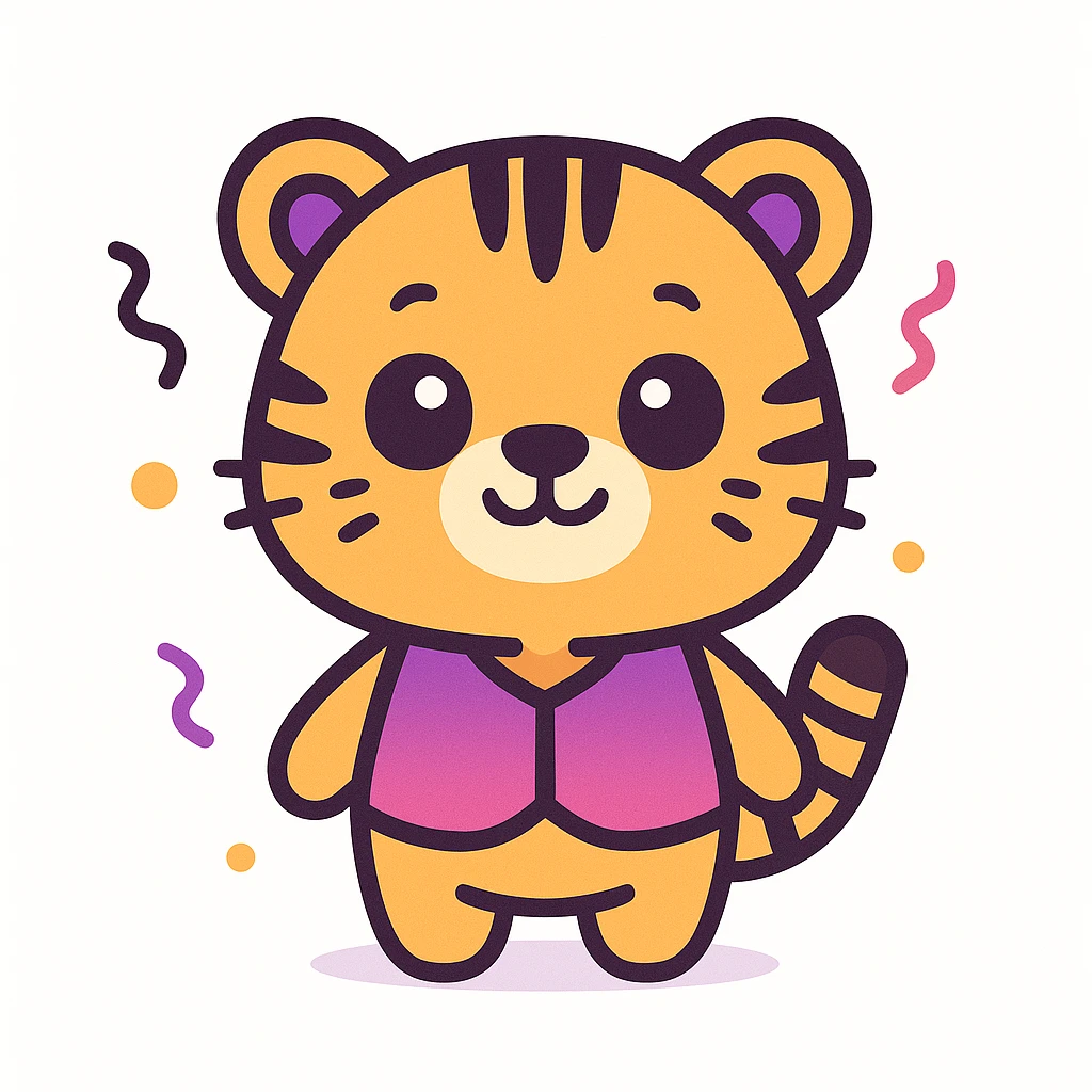 cute cartoon-style male tiger mascot with neotenic features: large round head, big shiny eyes, small nose and mouth, short arms and legs, chubby body, smiling happily, standing upright, wearing a purple and fuchsia vest or shirt, surrounded by soft party elements like confetti, no objects in hands, bold outlines, soft colors purple to fuchsia gradient, gold accents, white, clean vector style, extremely cute, evokes tenderness, plain white background emoji