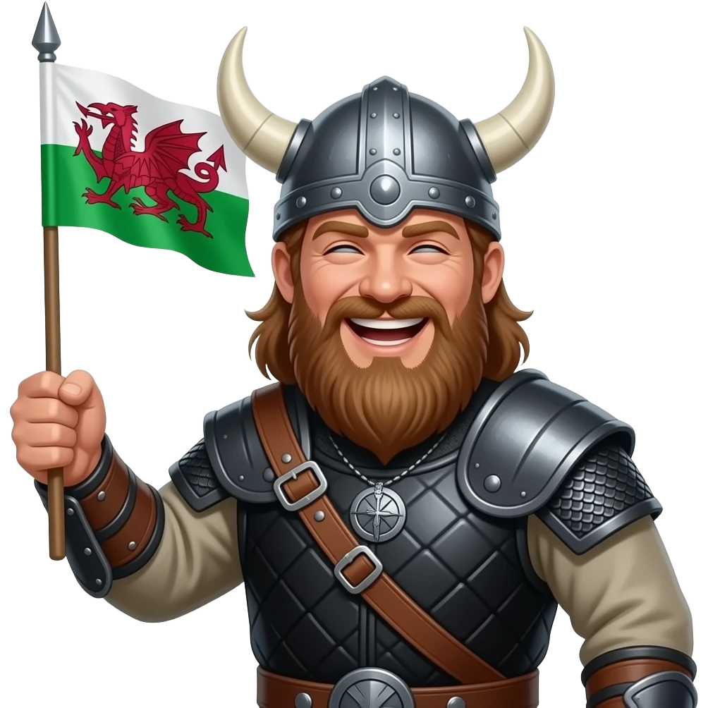 viking with black costume,wings on  helmet , beard, and holding a welsh flag, laughing emoji