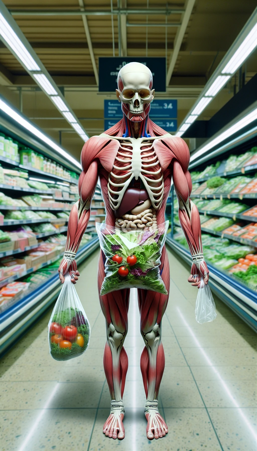 corpo umano anatomico in un supermercato che tiene in mano una busta di insalata di plastica preconfezionata, supermercato sfocato sullo sfondo emoji