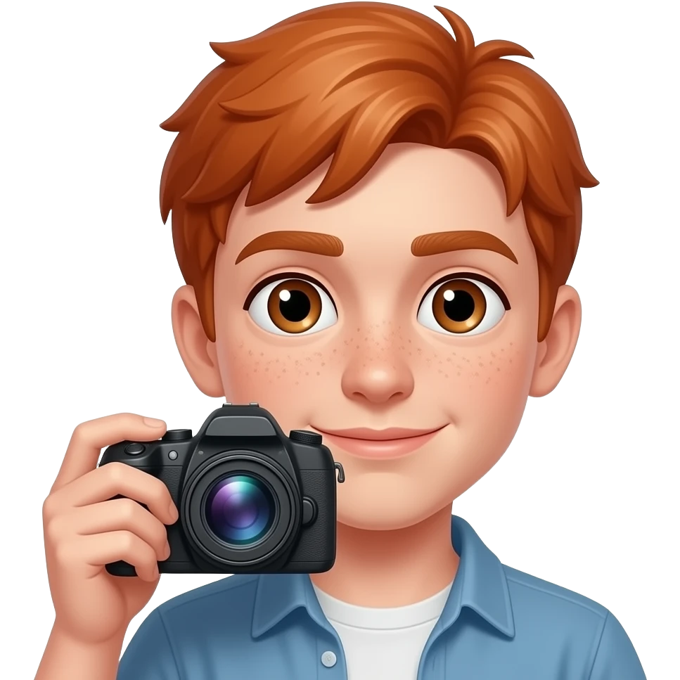 Ado roux au oeil marron et tache de rousseur avec une caméra emoji