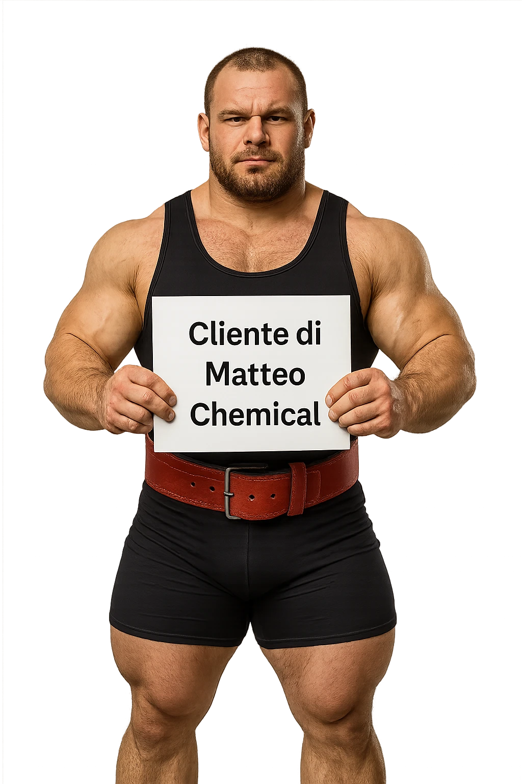 Powerlifter con in mano una targa o un foglio con scritto "Cliente di Matteo Chemical" emoji