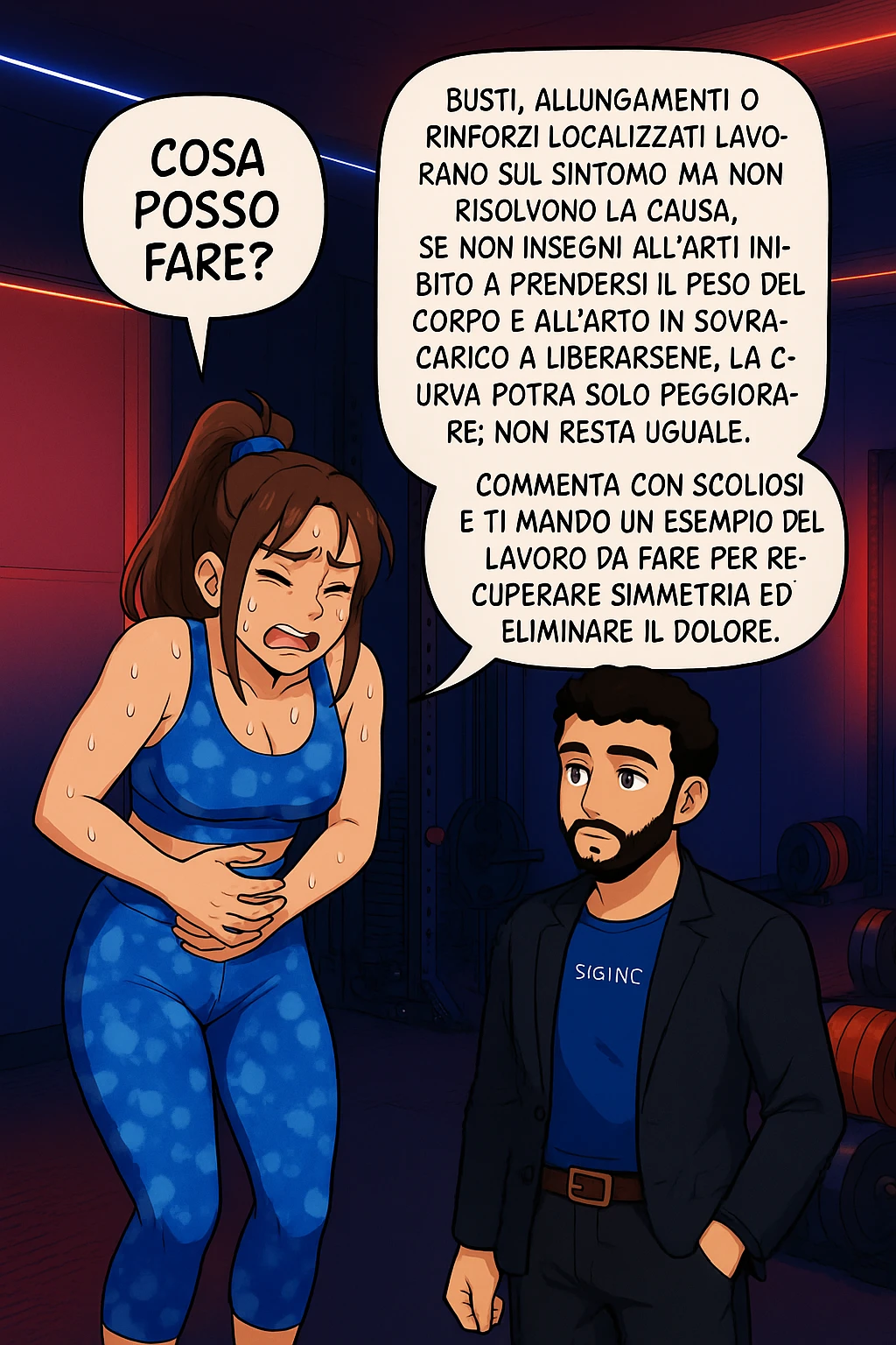 ispirati a questo stile di disegno e fai questa immagine in versione manga/webtoon a colori, il manga mostra la donna preoccupata che chiede: "COSA POSSO FARE?" E L'UOMO CHE RISPONDE: Busti, allungamenti o rinforzi localizzati lavorano sul sintomo ma non risolvono la causa. Se non insegni all’arto inibito a prendersi il peso del corpo e all’arto in sovraccarico a liberarsene, la curva potrà solo peggiorare; non resta uguale. Commenta con scoliosi e ti mando un esempio del lavoro da fare per recuperare simmetria ed eliminare il dolore. emoji