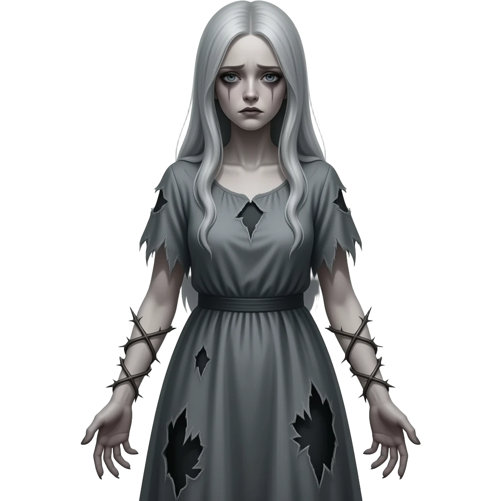 Gloomy ghostly fair lady with long ragged torn tattered dress, thorns across arms and legs, depressed emoji