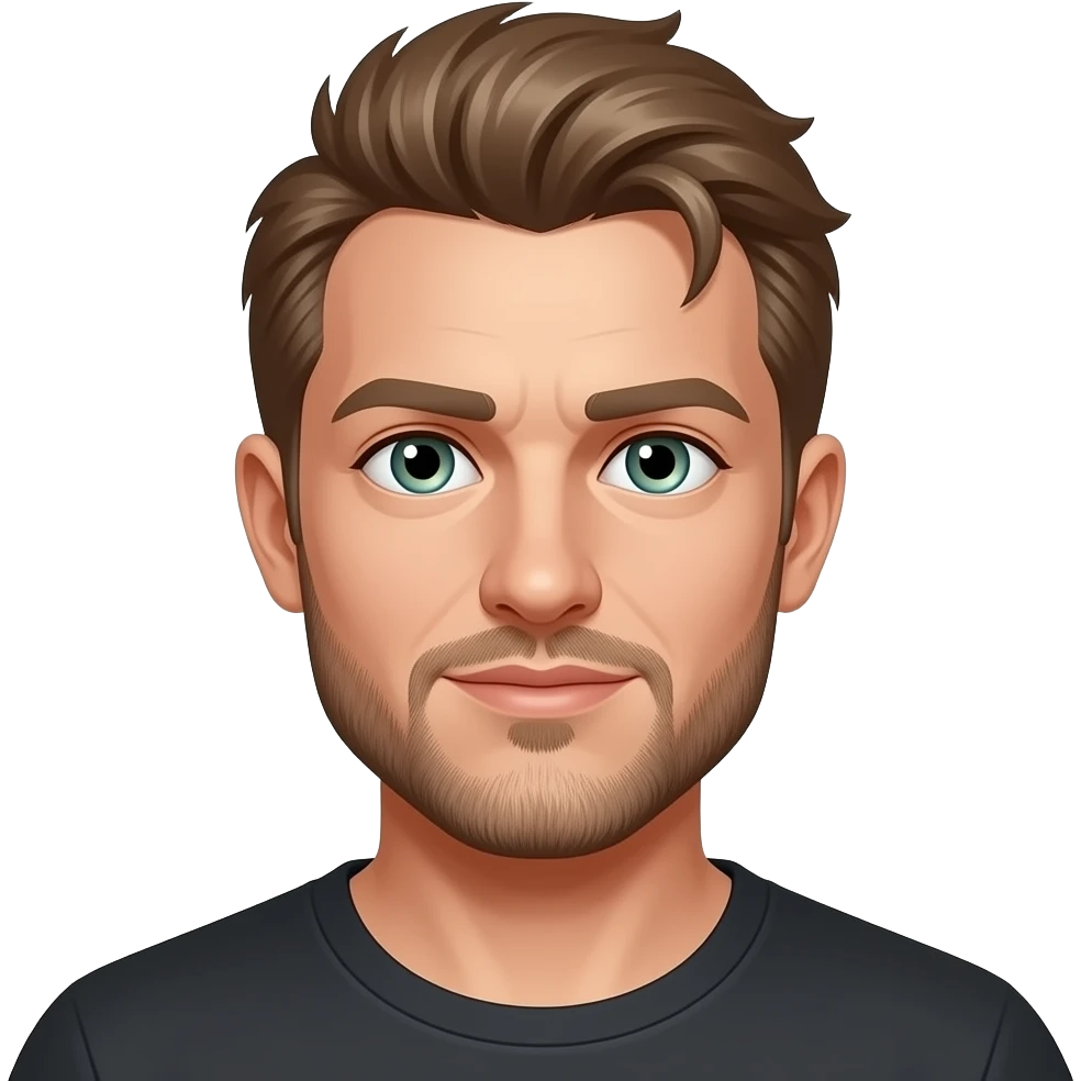 Mullet with side flares, wide shoulders. hazel blue green eyes, some grays with mostly hazel hair, 5 o’clock shade beard emoji