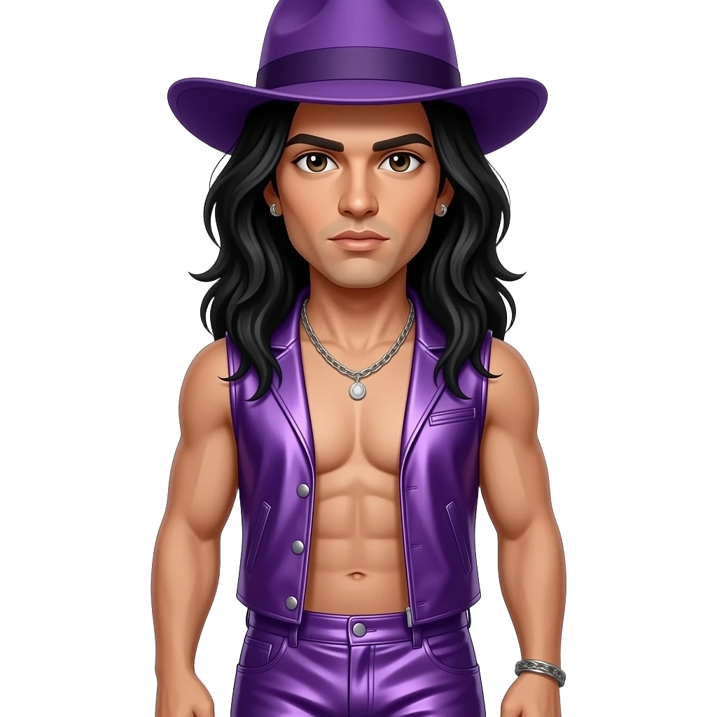 Jonathan Davis with long black hair, brown eyes, purple hat, purple metallic vest, purple metallic baggy loose pants, shirtless with necklace and earrings emoji