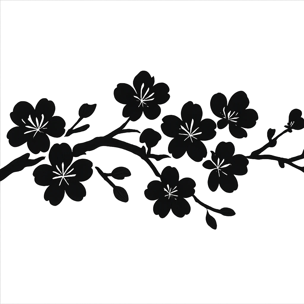 long single-color sakura branch in eastern style, no background, for sign decoration, 1200x100px emoji
