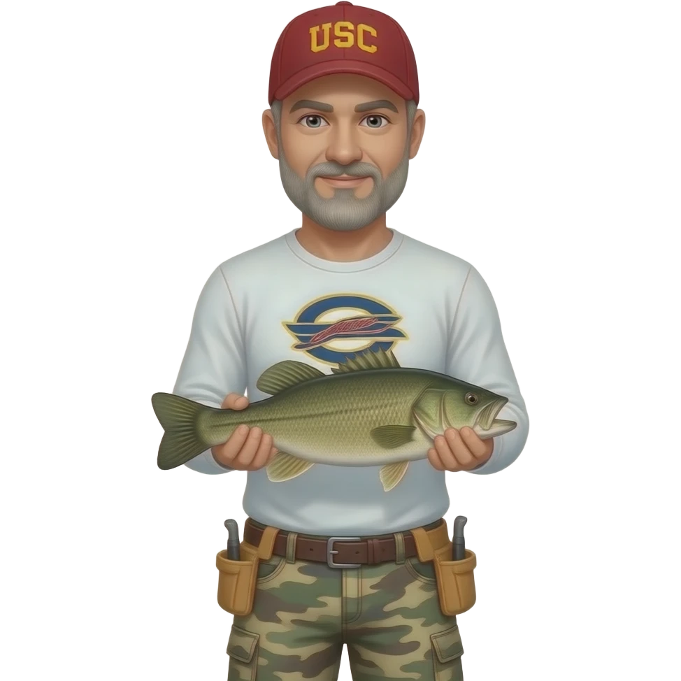 an adult man with a gray beard with a white long sleeve T-shirt, and camouflage carpenter shorts and USC gamecock baseball hat holding a bass fish emoji