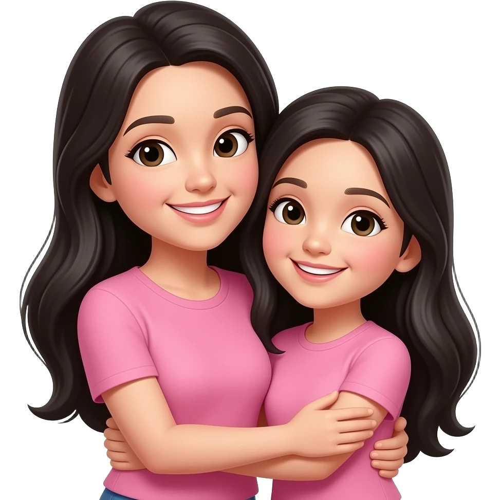 Mother and daughter long black hair smiling hugging Each other wearing pink emoji