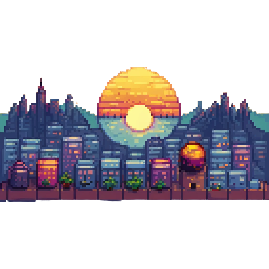 sunset emoji with a city skyline, blocky and colorful emoji