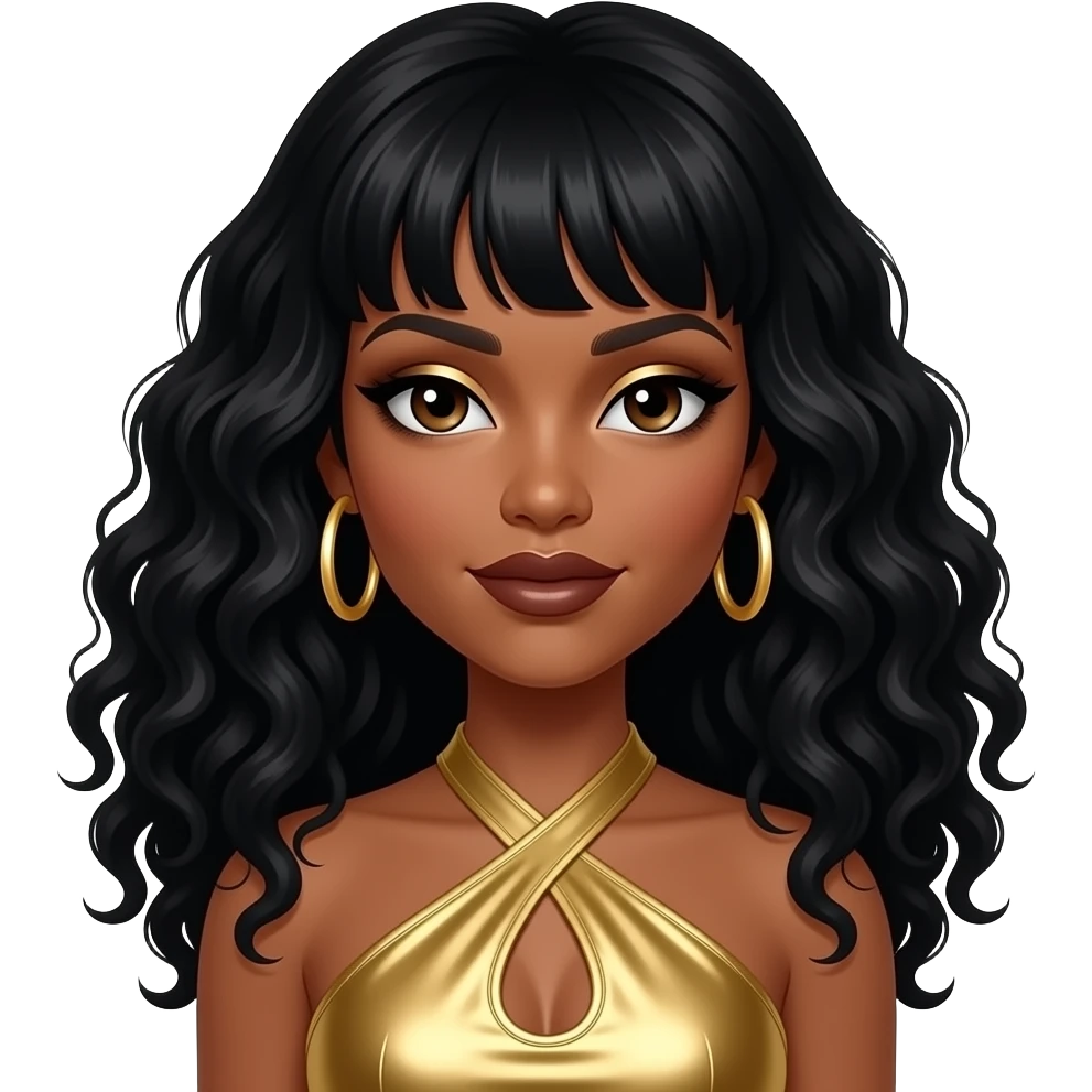 LeToya Luckett from Destiny's Child with dark brown eyes, long black 90s bouncy curls bang hair, gold eyeshadow, dark brown lipstick, gold metallic halter dress, gold earrings emoji
