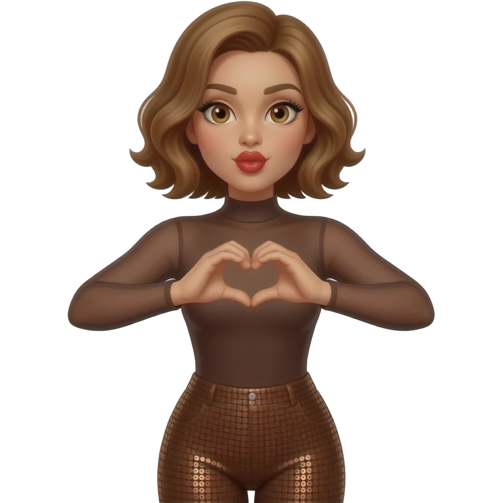 glamours,-tanned,-very-beautiful-woman-with-big-plump-red-lips,-long-lashes,-honey-silky-very short- hair,-wavy-hair,-hazel-eyes-wearing-Chocolate-brown-sheer-Long-sleeved-bodysuit-Brown-sequinned-pants-Her-eyes-smiling-mouth-blowing-kiss-hands-up-making-a-heart-symbol- emoji