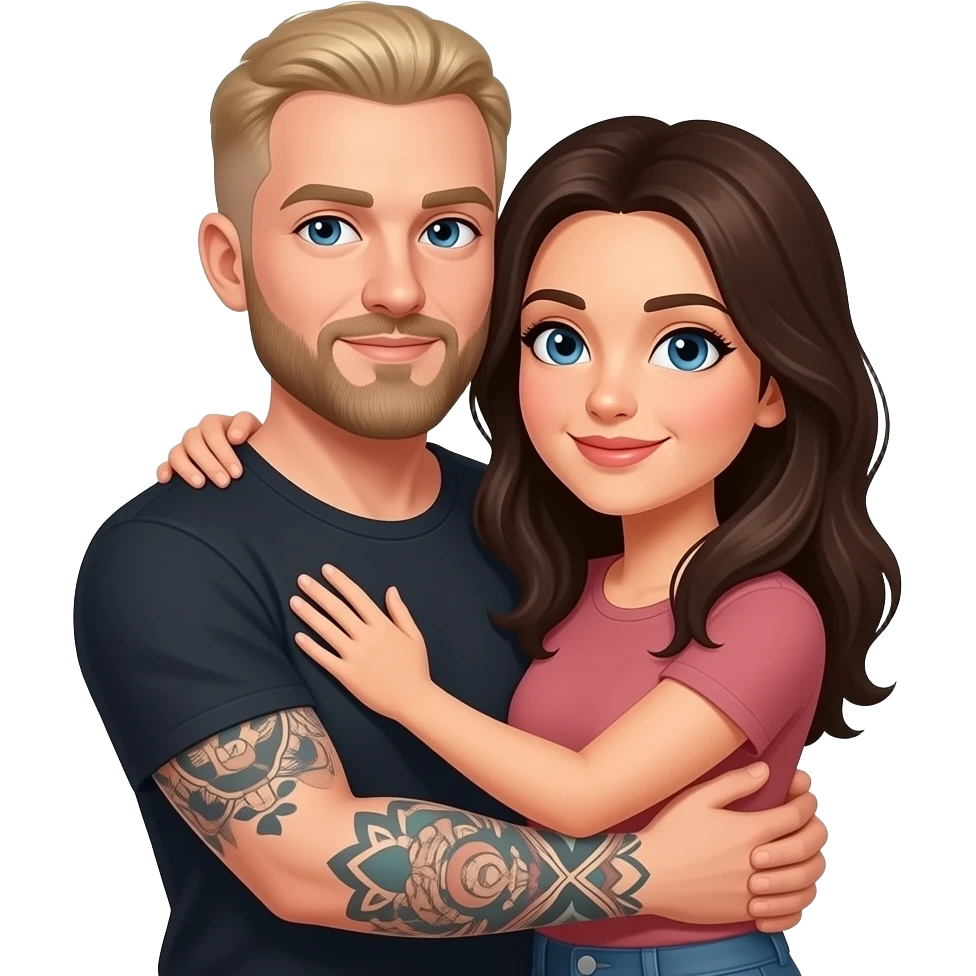 Un couple avec un gars blonc aux cheveux rasés, aux yeux bleu, avec une barbe, tatoué et une femme châtain aux yeux bleus, au teint très clair, qui se font un câlin emoji
