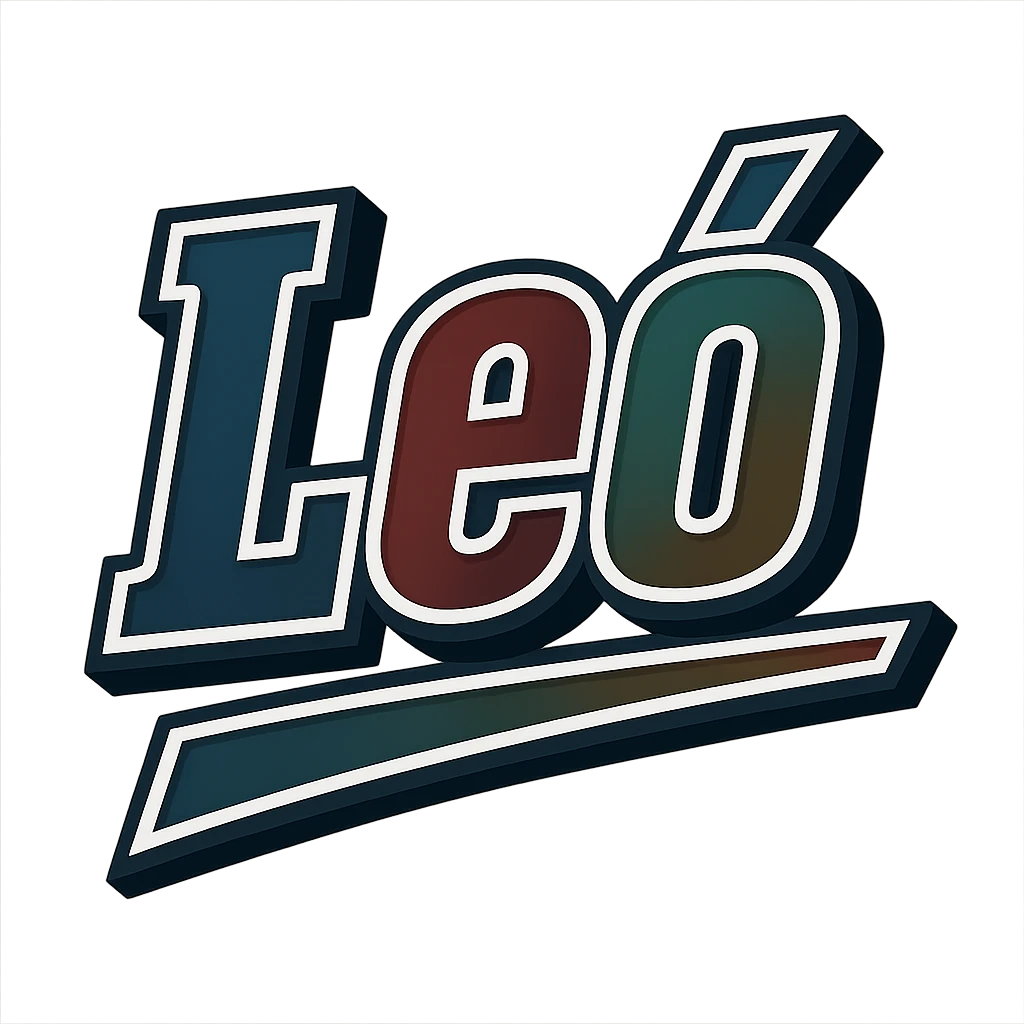 Leó name in masculine, modern, gradient font with precise Hungarian characters, dark outline, extra thick, prominent white letter frame as in sample images, dynamic slanted underline, masculine color shades (blue, gray, burgundy, green, brown), 1000x1000 px, PNG, transparent background emoji