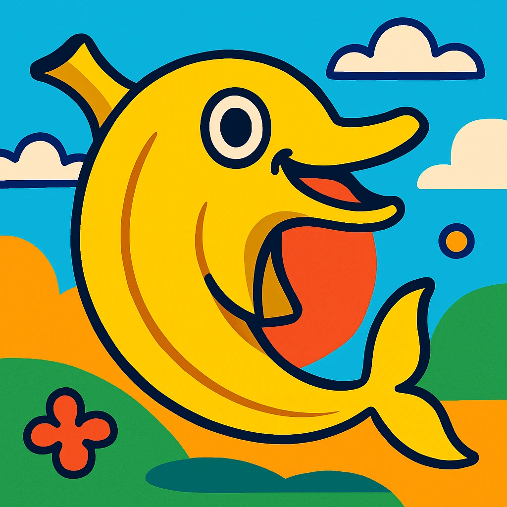 a whimsical banana shaped like a dolphin, bright colors, cartoon emoji