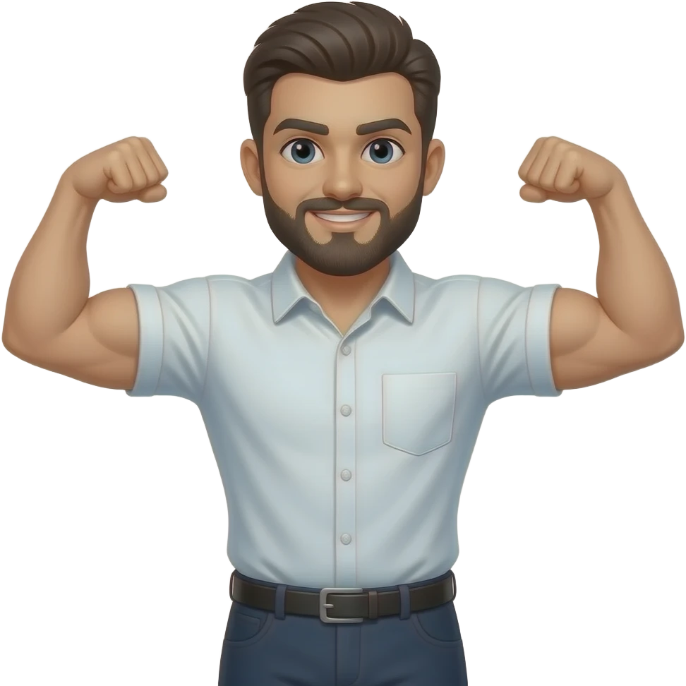 White man with shirt black beard double arm flex emoji