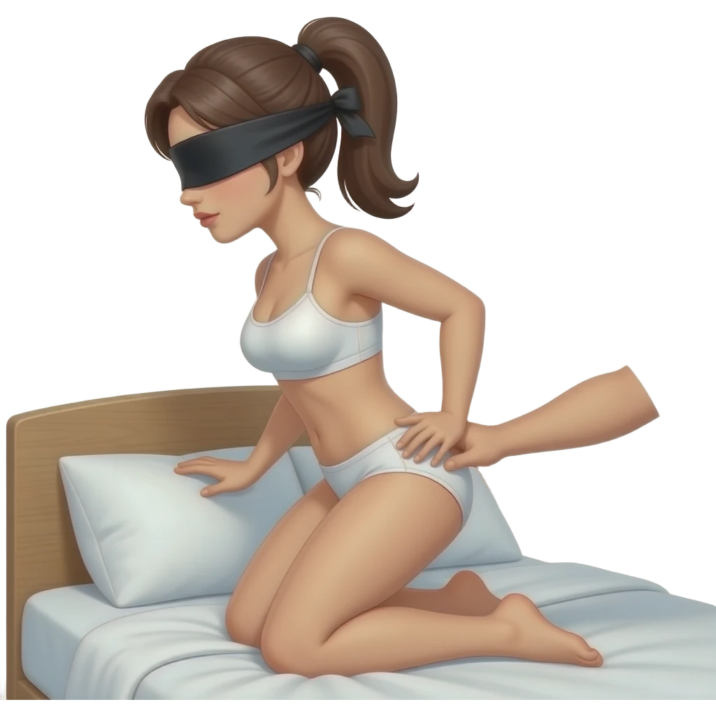 woman in blinfold, in white underwear, with ponytail, on bed, being spanked on the bottom emoji