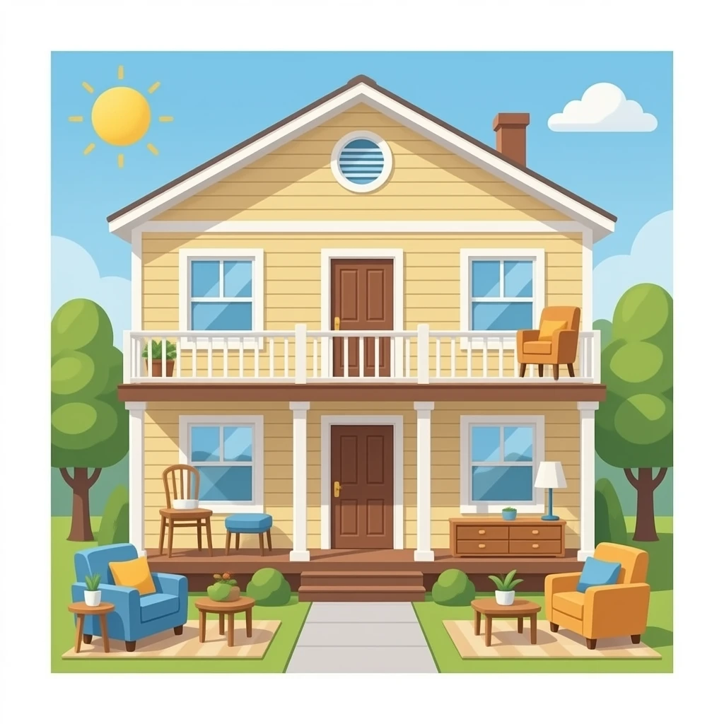 hazme un interior de una casa de dos pisos con todos lo muebles puestos emoji