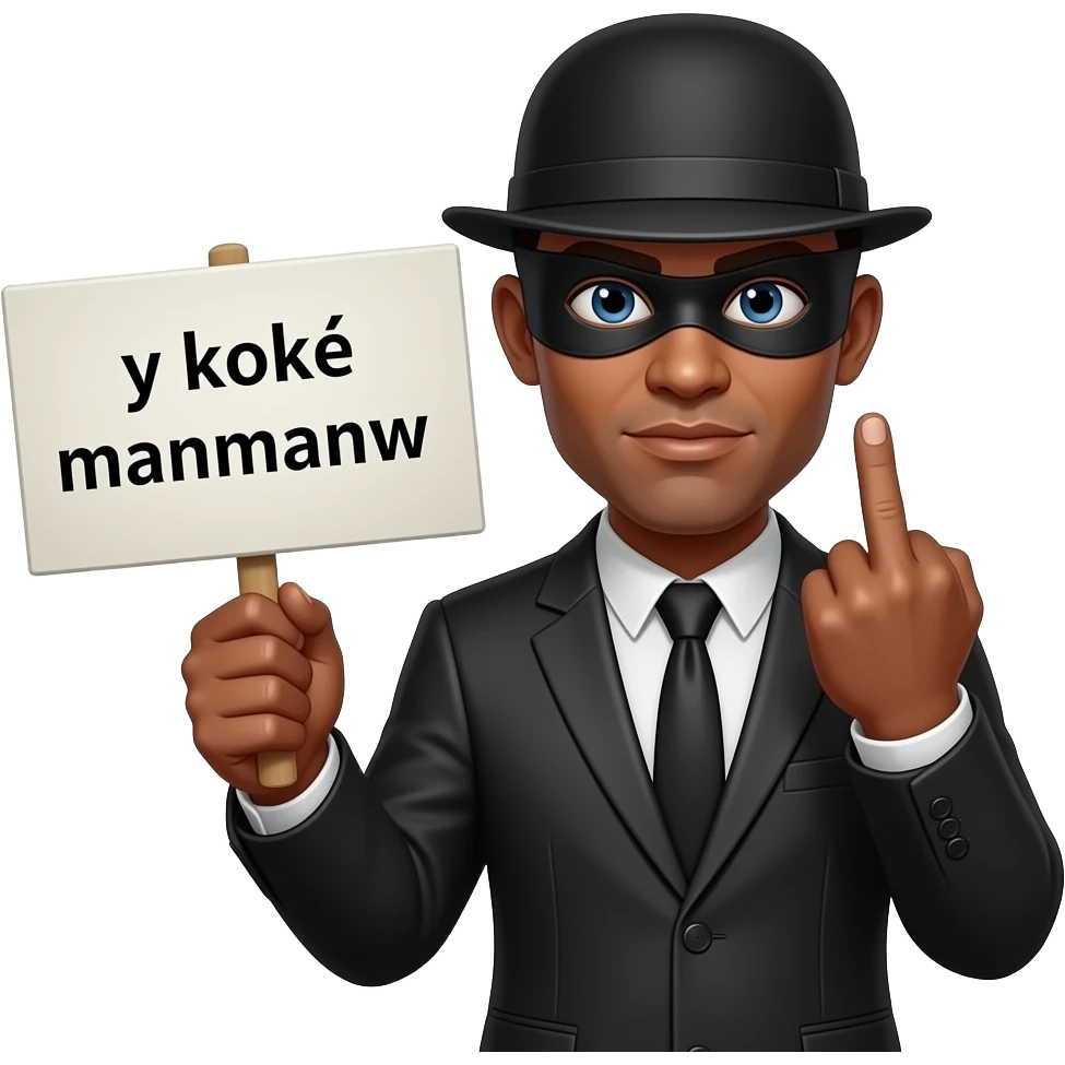Étiquette avec un bandit noir entrain de montre le doigt d'honneur écrit ''y koké manmanw emoji