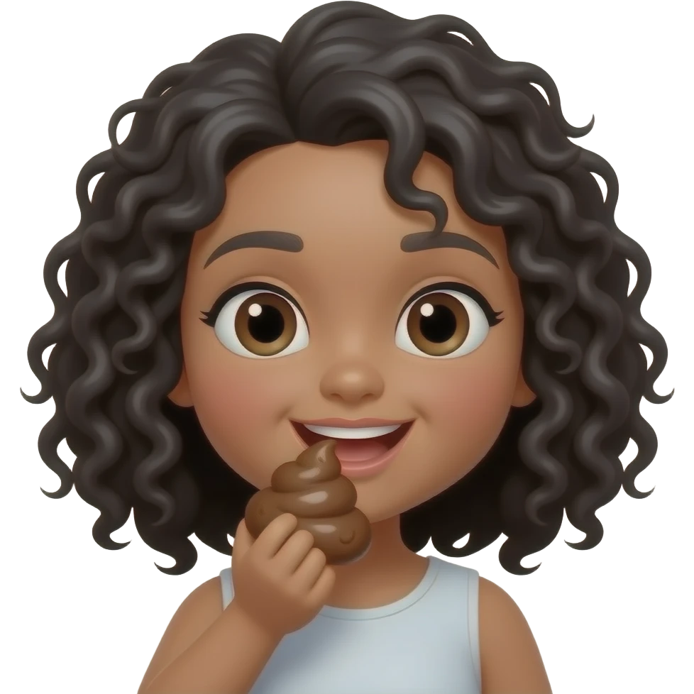 Make an emoji of a girl with tan skin and black curly shoulder length hair eating poop emoji