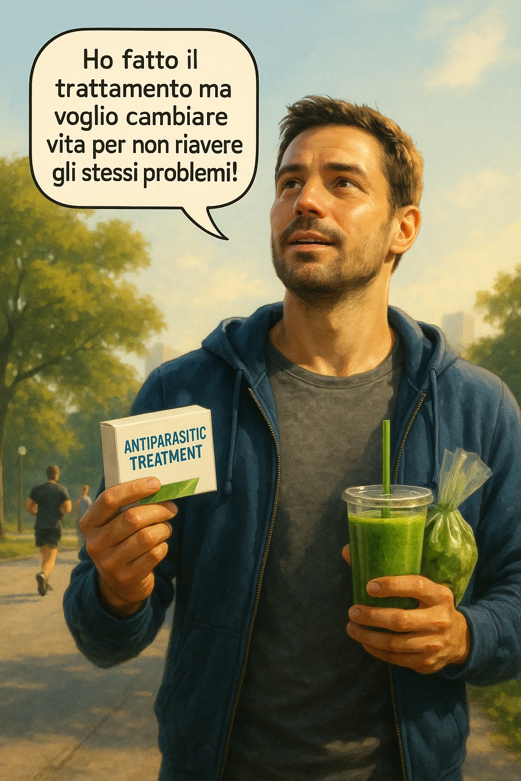 A realistic, cinematic illustration of a man in his early 30s with a determined and hopeful expression, standing outside under a bright morning sky, holding a small box labeled 'Antiparasitic Treatment' in one hand, while in the other hand he holds a fresh green smoothie or a bag of vegetables. A speech bubble near him says: ‘Ho fatto il trattamento ma voglio cambiare vita per non riavere gli stessi problemi!’ The man is wearing casual but clean and sporty clothing, symbolizing a fresh start, with the background showing a city park with green trees, morning light, and people jogging, indicating a healthy lifestyle. The atmosphere is bright, uplifting, and motivating, clearly illustrating the transition from treatment to lifestyle change to prevent future health issues. The style is realistic with warm tones, showing positive energy and commitment to change in italiano emoji
