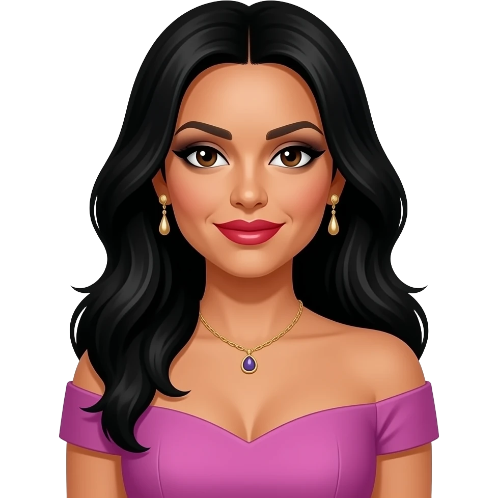 Nicole Scherzinger from The Pussycat Dolls with brown eyes, long black hair, black eyeshadow, red lipstick, pink and purple off shoulder dress, necklace and earrings emoji