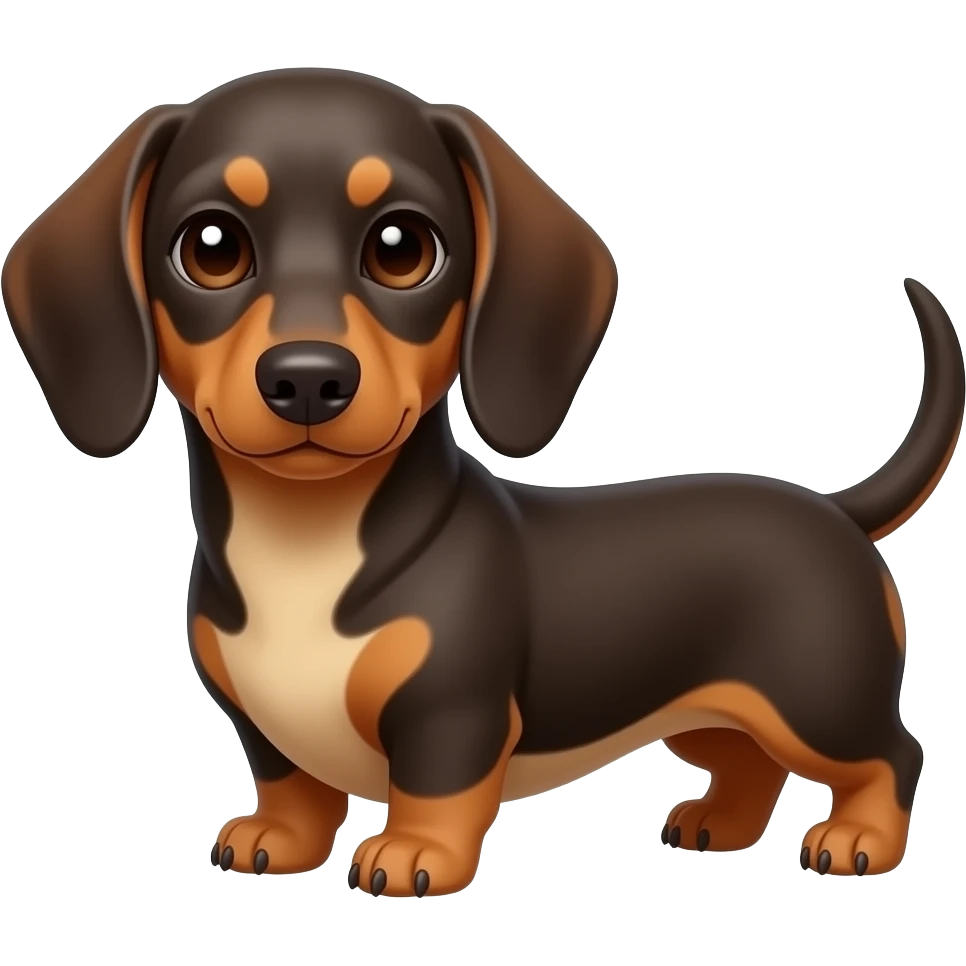 An small creamy blonde colored dachshund, but with a more dark auburn color and extremely faint looking tan points that blend in a bit;  big dark brown colored eyes and a pinkish brown nose emoji