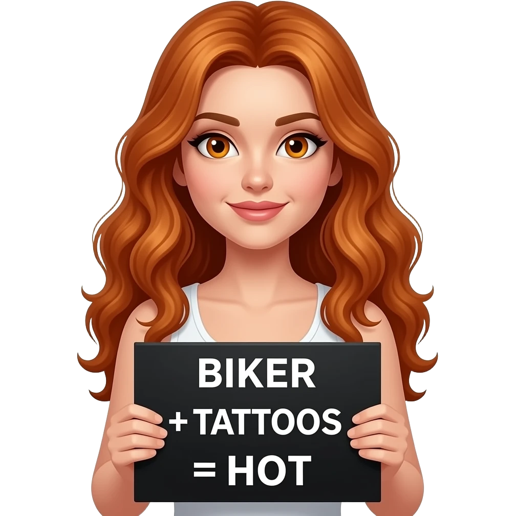 sexy girl with long wavy ginger hair and ginger eyes wearing a white tanktop is holding a black colored sign with BIKER + TATTOOS = HOT written on it emoji