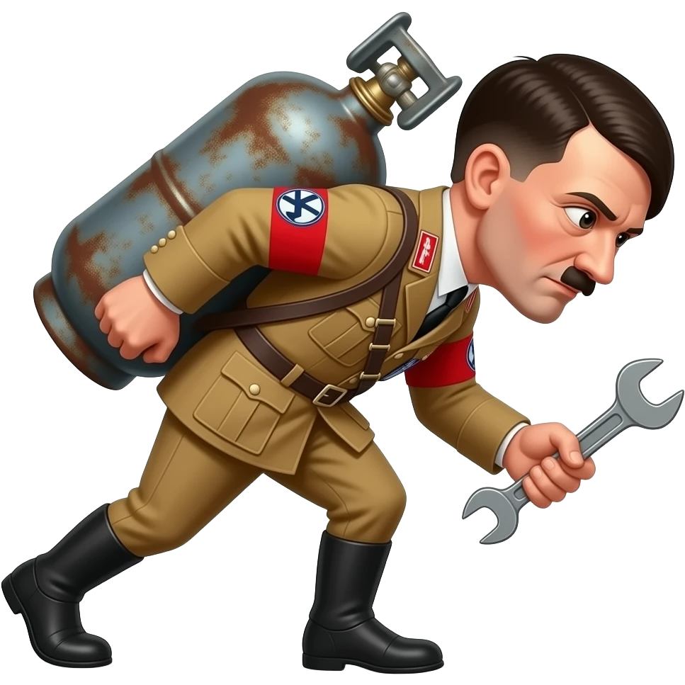 hitler carrying a rusty gas cylinder on his back while leaning forward, holding the cylinder on his back with one hand, and holding a wrench on the other hand emoji