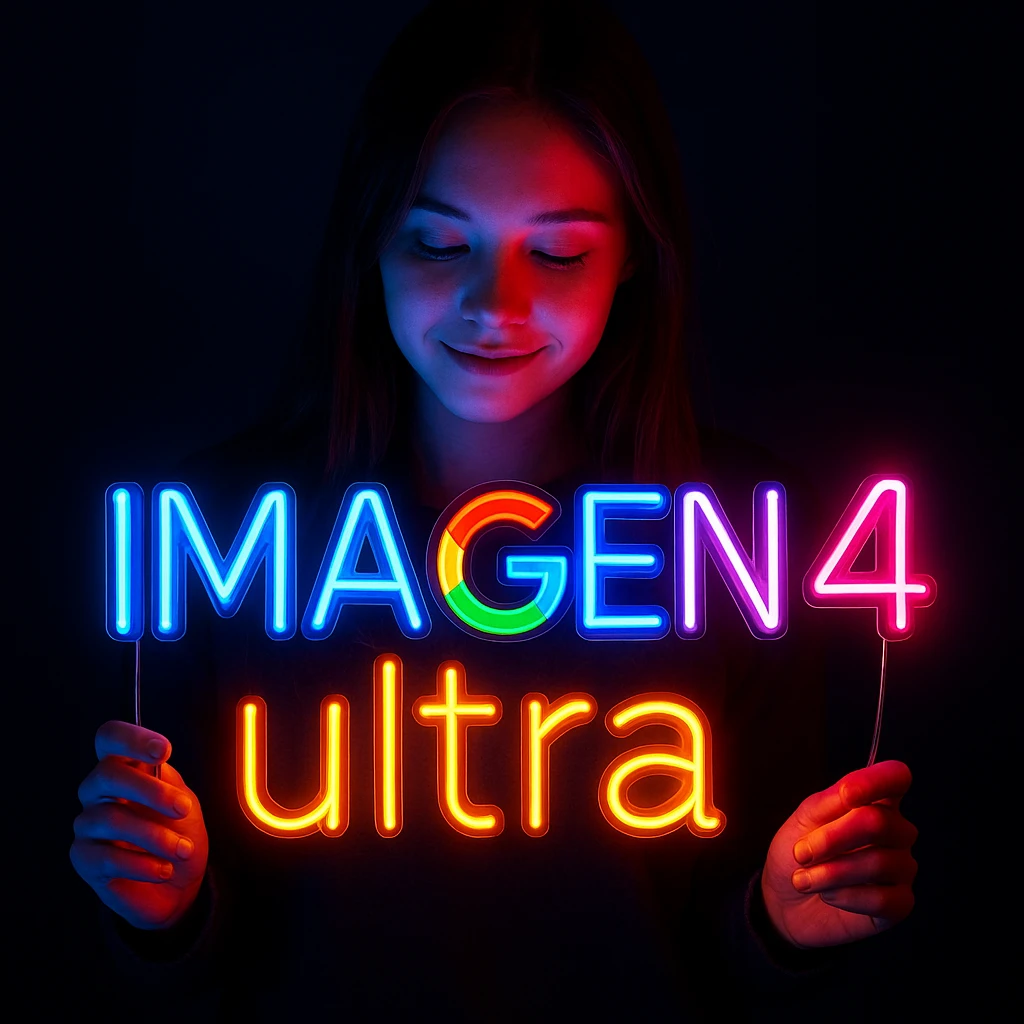 make a girl holding this sign, but sign in made of neon, also add ultra below the sign emoji