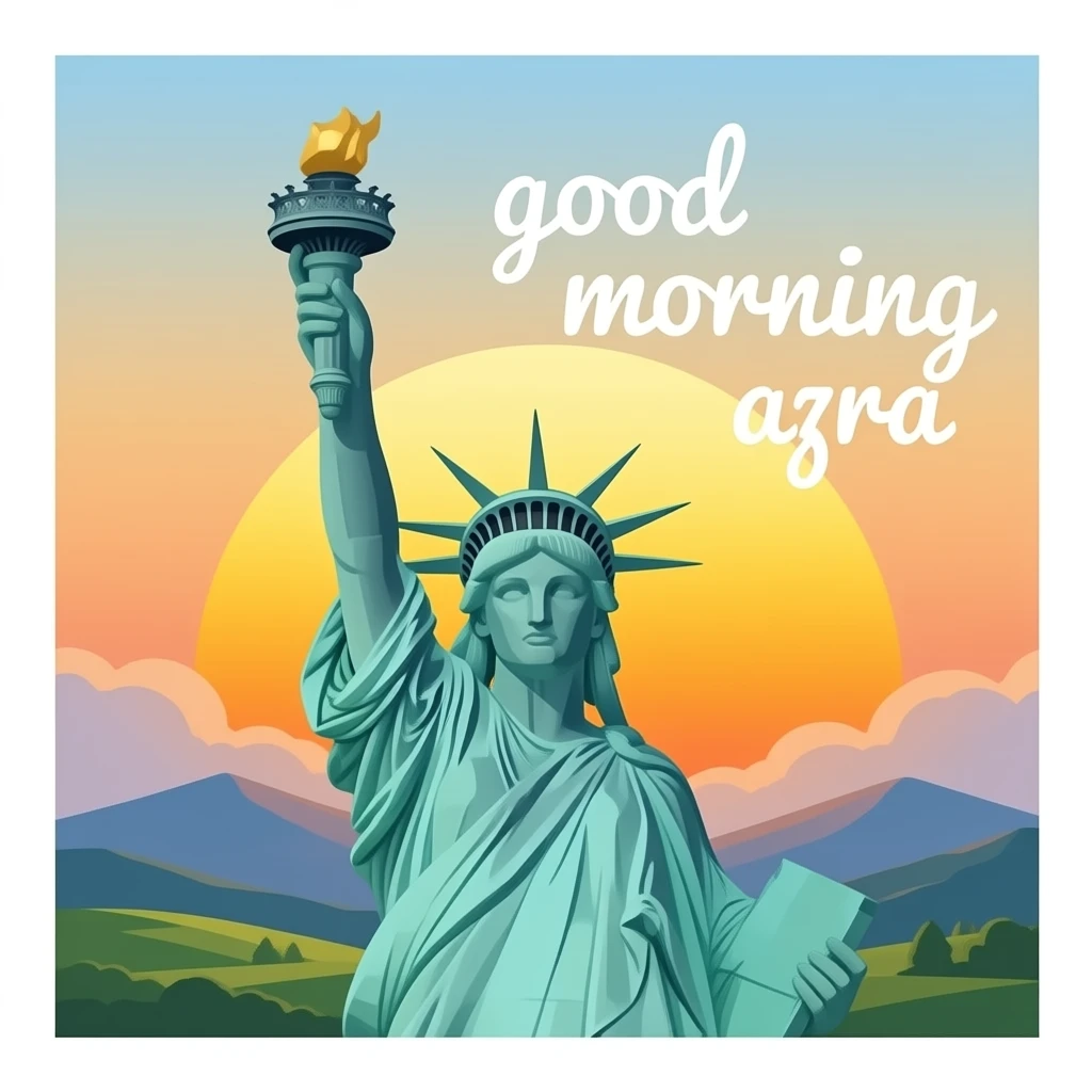 statue of liberty in front if rising sun and image says good morning azra emoji