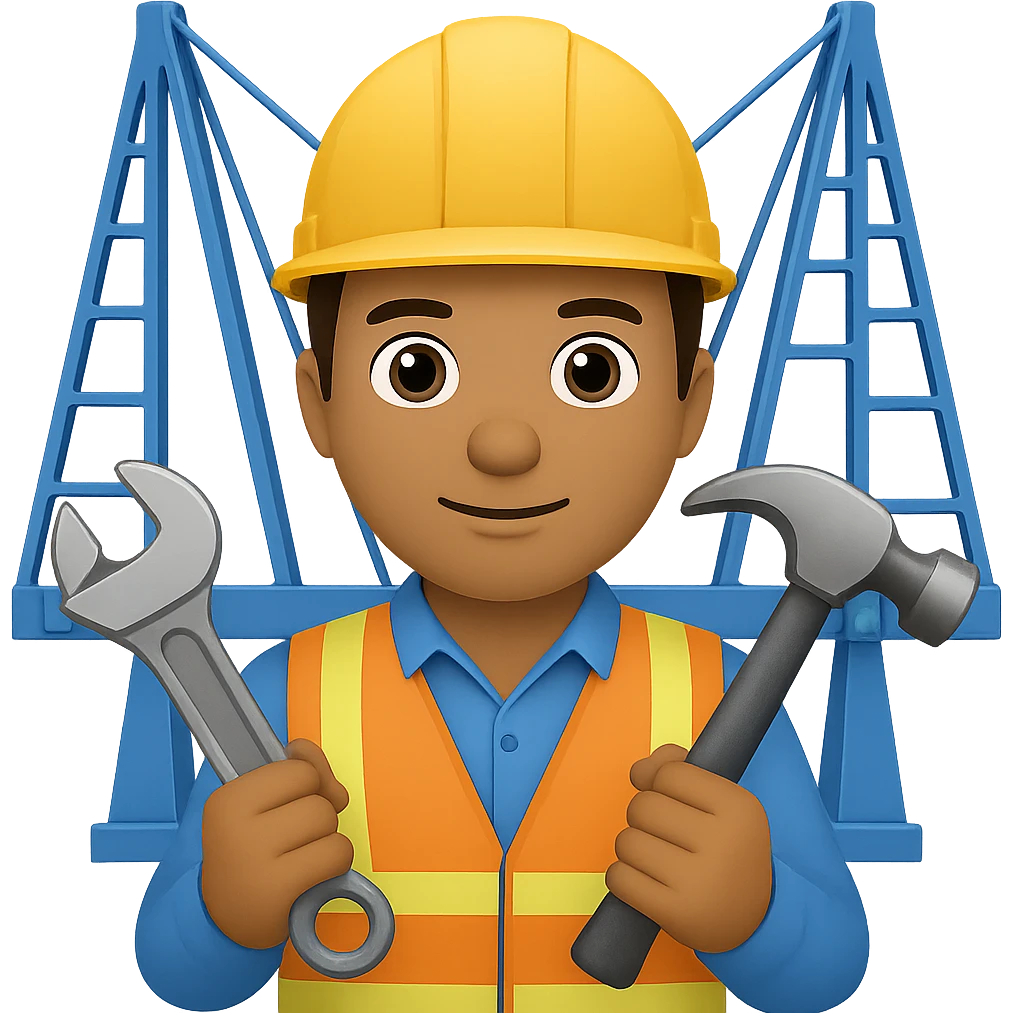 Add construction tools like a wrench and hammer to the civil engineer building a bridge in the style of apple emojis with no background. emoji
