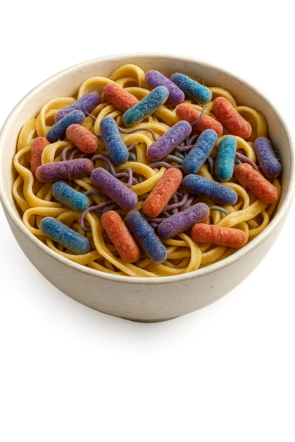 BOWL DI PASTA CON BATTERI INTESTINALI DENTRO, iperrealistico 4k, SFONDO BIANCO emoji
