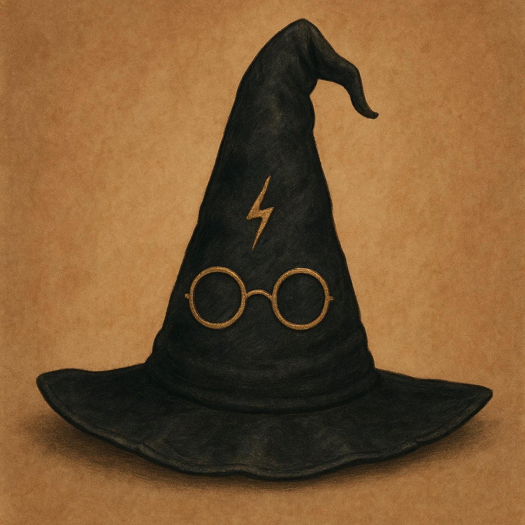 wizard hat with glasses and scar motif, Harry Potter inspired, charming and magical emoji