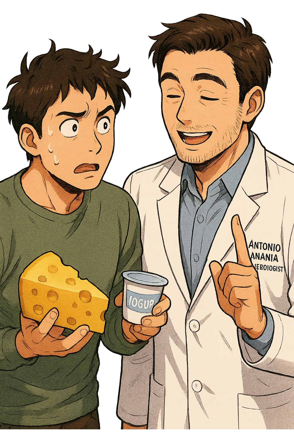 fai un webtoon manga a colori con questo stile, in cui un uomo fa una domanda al kinesiologo con il camice bianco (fagli anche la scritta "ANTONIO ANANIA" SUL CAMICE, l'uomo chiede una cosa mostrando un formaggio e uno yogurt al kinesiologo con il camice, IL KINESIOLOGO annuisce e SPIEGA ALL'UOMO UNA cos. L'UOMO ha un ESPRESSIONE CONFUSA IN VOLTO. non fare i fumetti però, fai solo in modo che sembri stiano parlando emoji