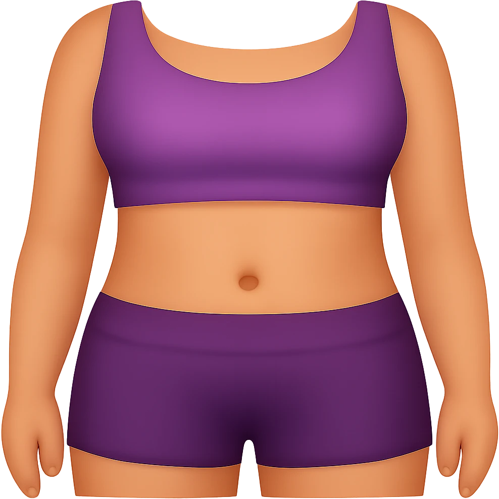 Edit the image to depict a woman's stomach wearing a sports bra and shorts in emoji style. Remove the background. The style should resemble emoji style with simple and concise features. emoji